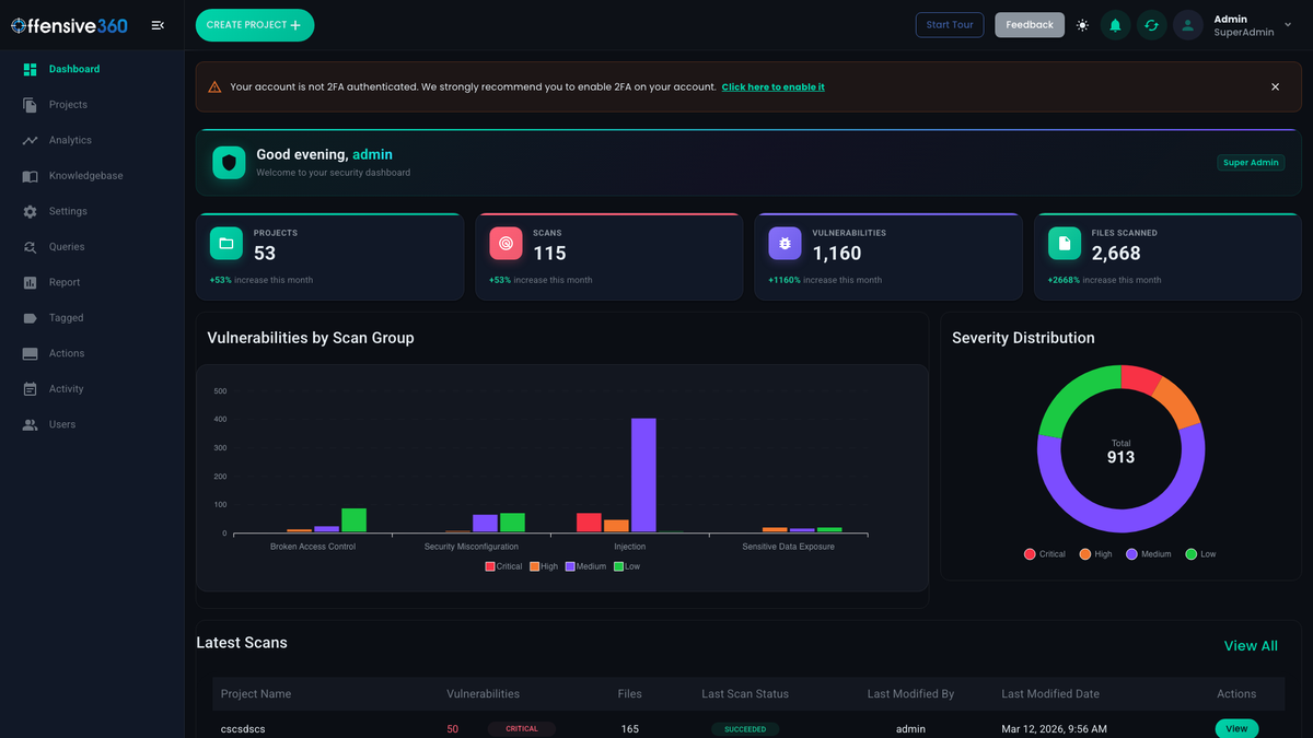 Offensive360 SAST dashboard with vulnerability severity, scan history and project results